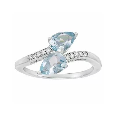 Women's 10K White Gold Double Pear-Shaped Gemstone Bypass Ring with Diamond Accent