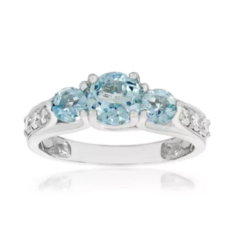 Women's 10K White Gold Oval Blue Topaz & Diamond Accent Three-Stone Ring