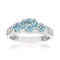 Women's 10K White Gold Oval Blue Topaz & Diamond Accent Three-Stone Ring