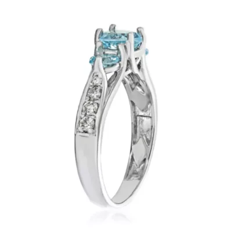 Women's 10K White Gold Oval Blue Topaz & Diamond Accent Three-Stone Ring