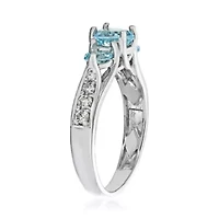 Women's 10K White Gold Oval Blue Topaz & Diamond Accent Three-Stone Ring