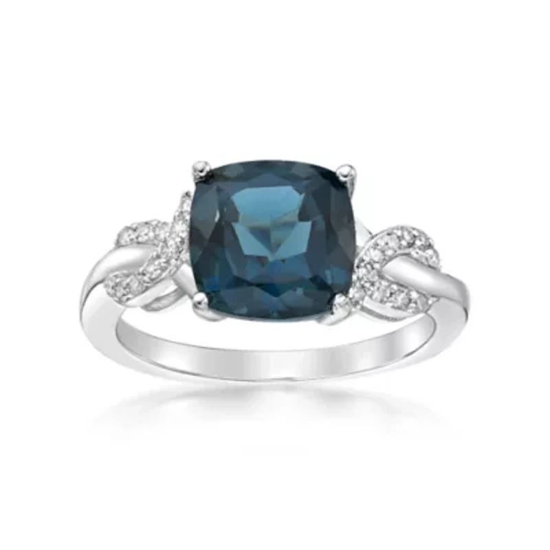 Lab Created Women's Sterling Silver Cushion Cut Gemstone & Diamond Accent Ring