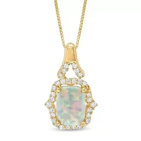 Lab Created Women's 10K Yellow Gold Cushion Cut Opal & Diamond Accent Pendant Necklace