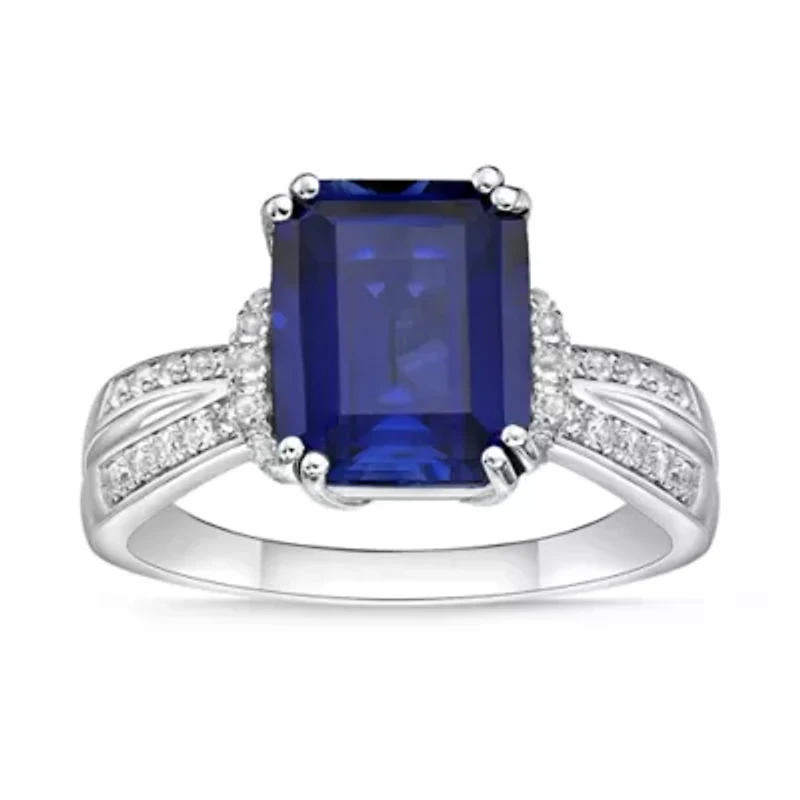 Lab Created Women's Sterling Silver Emerald Cut Sapphire & White Accent Ring