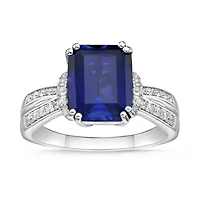 Lab Created Women's Sterling Silver Emerald Cut Sapphire & White Accent Ring