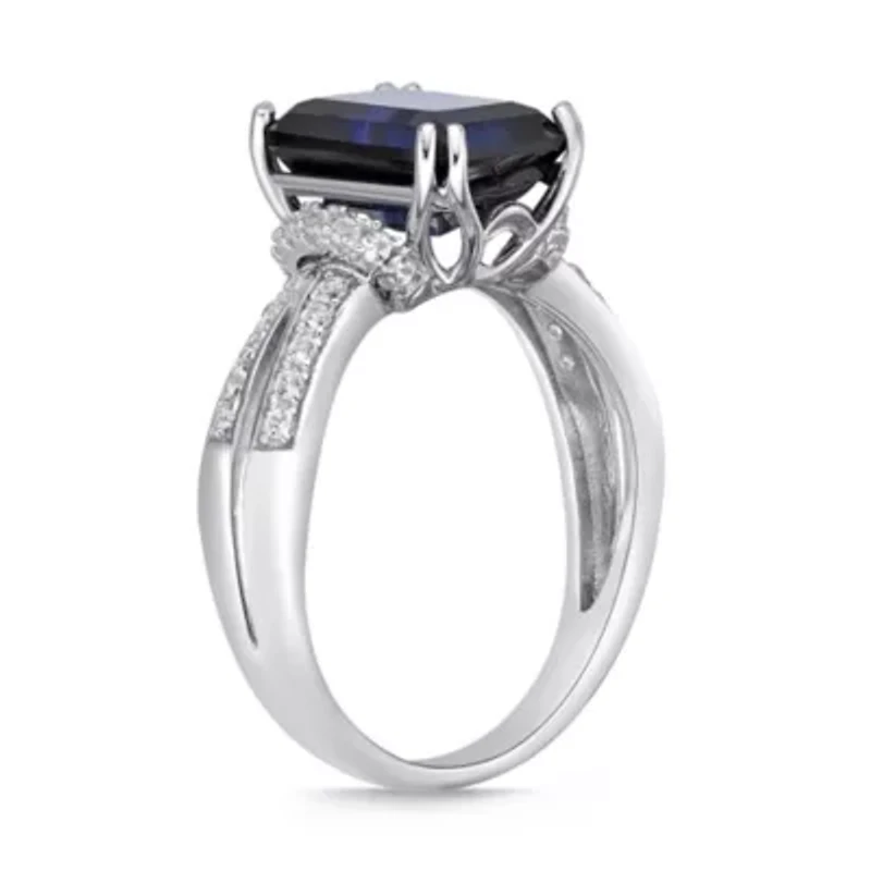 Lab Created Women's Sterling Silver Emerald Cut Sapphire & White Accent Ring