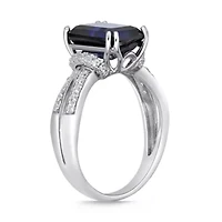 Lab Created Women's Sterling Silver Emerald Cut Sapphire & White Accent Ring