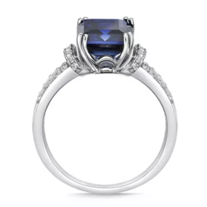 Lab Created Women's Sterling Silver Emerald Cut Sapphire & White Accent Ring