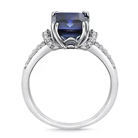 Lab Created Women's Sterling Silver Emerald Cut Sapphire & White Accent Ring