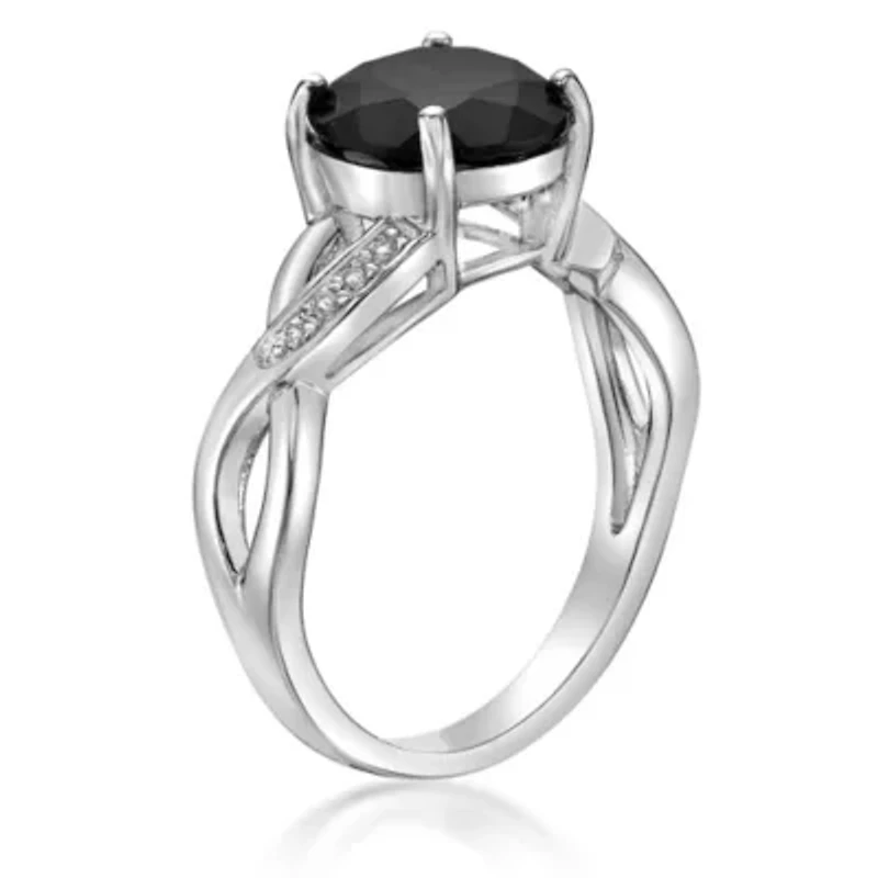 Women's Sterling Silver Round Black Onyx Ring with White Topaz Accent