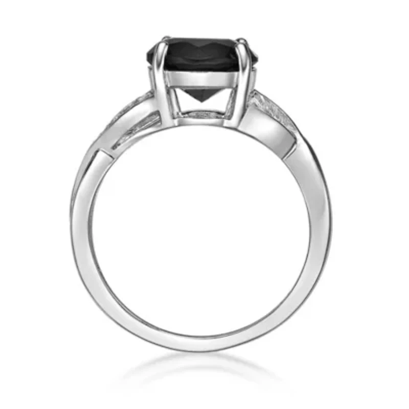 Women's Sterling Silver Round Black Onyx Ring with White Topaz Accent