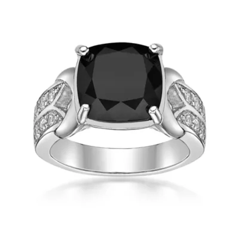 Women's Sterling Silver Cushion Cut Black Onyx Ring with White Topaz Accent