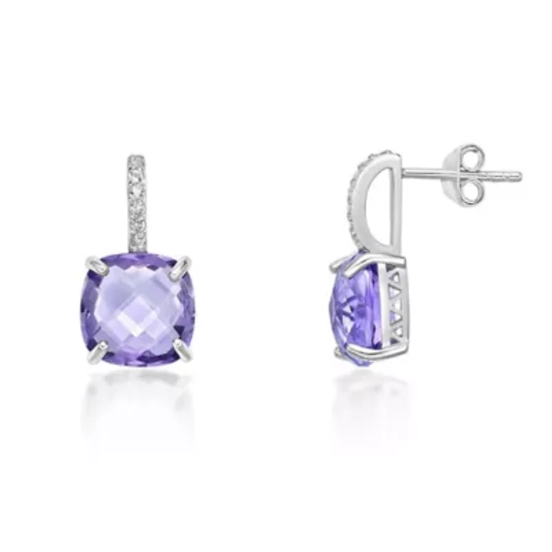Sterling Silver Cushion-Cut Amethyst Earrings with White Topaz