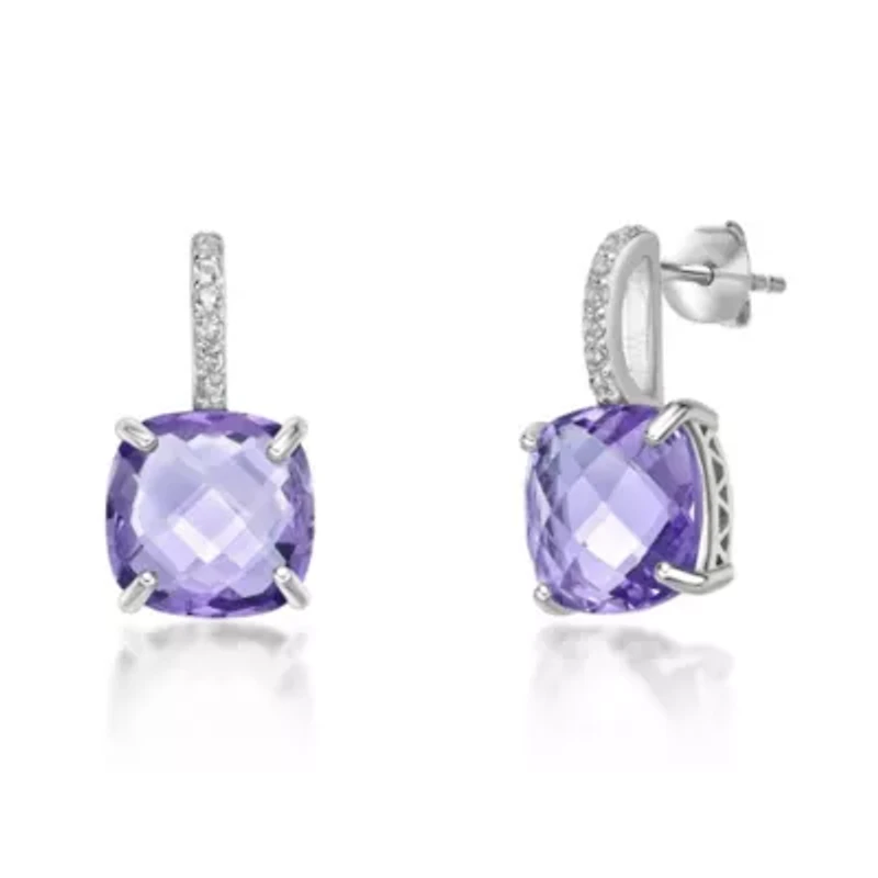 Sterling Silver Cushion-Cut Amethyst Earrings with White Topaz