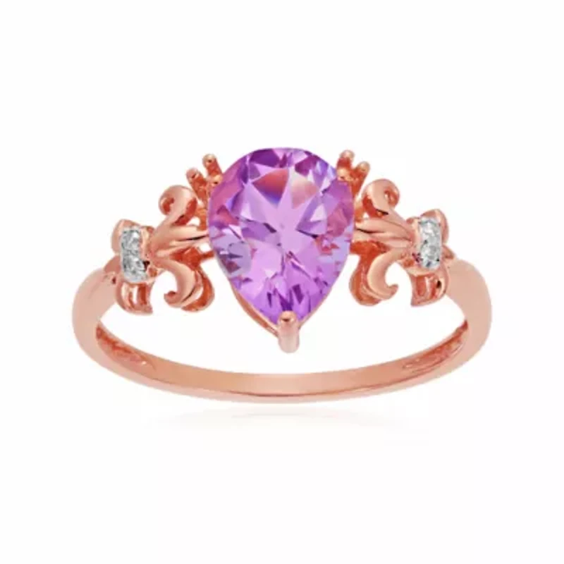 10K Rose Gold Pear-Shaped Amethyst Ring with Diamond Accents