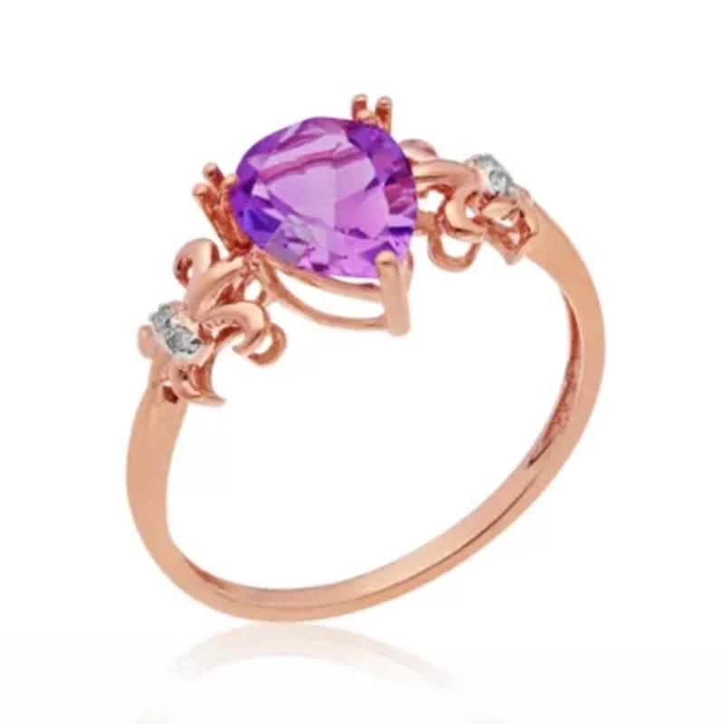 10K Rose Gold Pear-Shaped Amethyst Ring with Diamond Accents