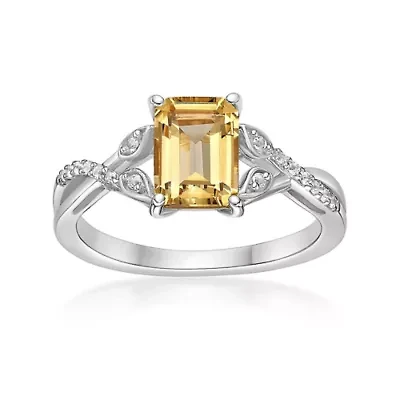Lab Created Womens's Sterling Silver Octagon-Cut Citrine Ring with White Sapphire Accents