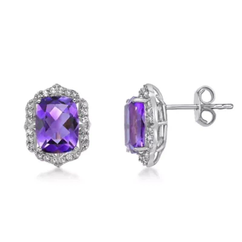 Lab Created Women's Cushion-Cut Amethyst Stud Earrings with Created White Sapphire Accents in Sterling Silver