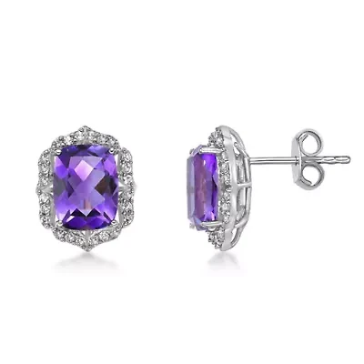 Lab Created Women's Cushion-Cut Amethyst Stud Earrings with Created White Sapphire Accents in Sterling Silver
