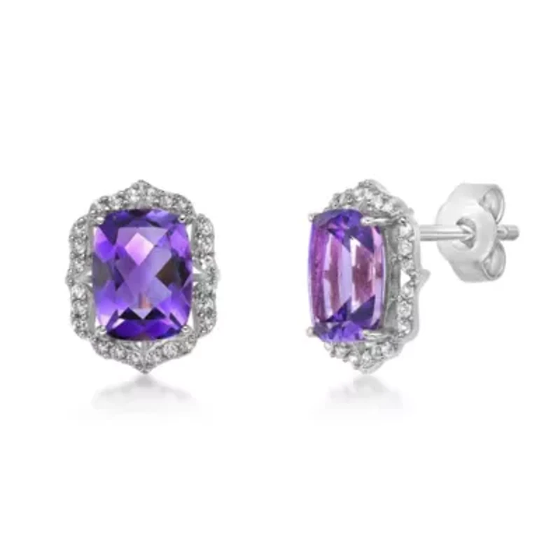 Lab Created Women's Cushion-Cut Amethyst Stud Earrings with Created White Sapphire Accents in Sterling Silver
