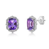 Lab Created Women's Cushion-Cut Amethyst Stud Earrings with Created White Sapphire Accents in Sterling Silver