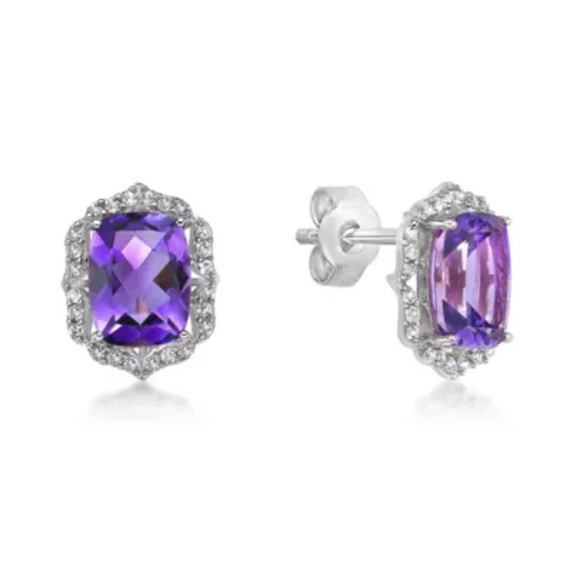 Lab Created Women's Cushion-Cut Amethyst Stud Earrings with Created White Sapphire Accents in Sterling Silver