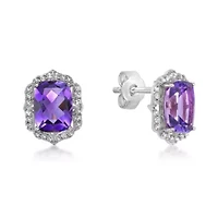 Lab Created Women's Cushion-Cut Amethyst Stud Earrings with Created White Sapphire Accents in Sterling Silver
