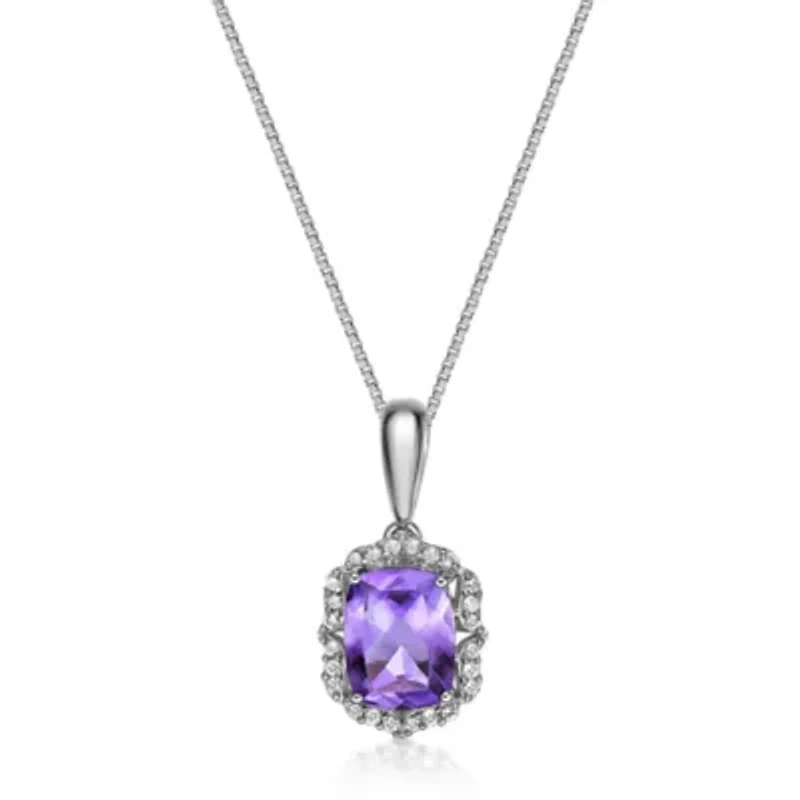 Lab Created Women's Cushion-Cut Amethyst Halo Pendant Necklace in Sterling Silver