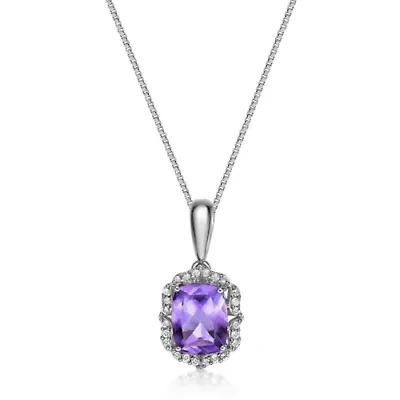 Lab Created Women's Cushion-Cut Amethyst Halo Pendant Necklace in Sterling Silver