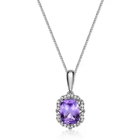 Lab Created Women's Cushion-Cut Amethyst Halo Pendant Necklace in Sterling Silver