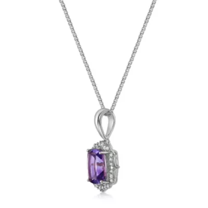 Lab Created Women's Cushion-Cut Amethyst Halo Pendant Necklace in Sterling Silver