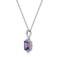 Lab Created Women's Cushion-Cut Amethyst Halo Pendant Necklace in Sterling Silver