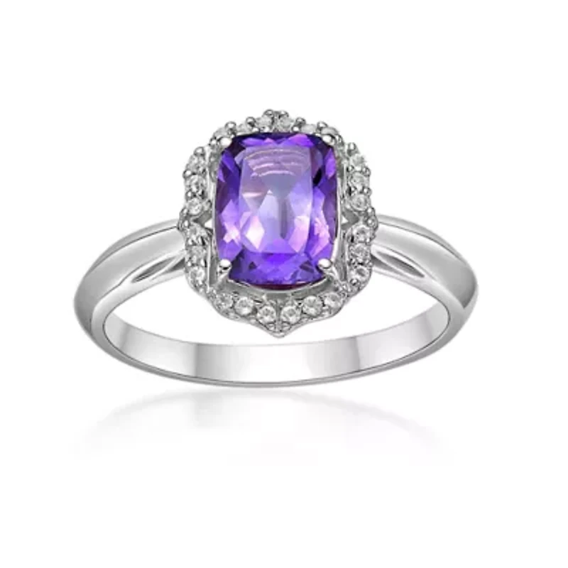 Lab Created Women's Cushion-Cut Amethyst Halo Ring Sterling Silver