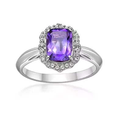 Lab Created Women's Cushion-Cut Amethyst Halo Ring Sterling Silver