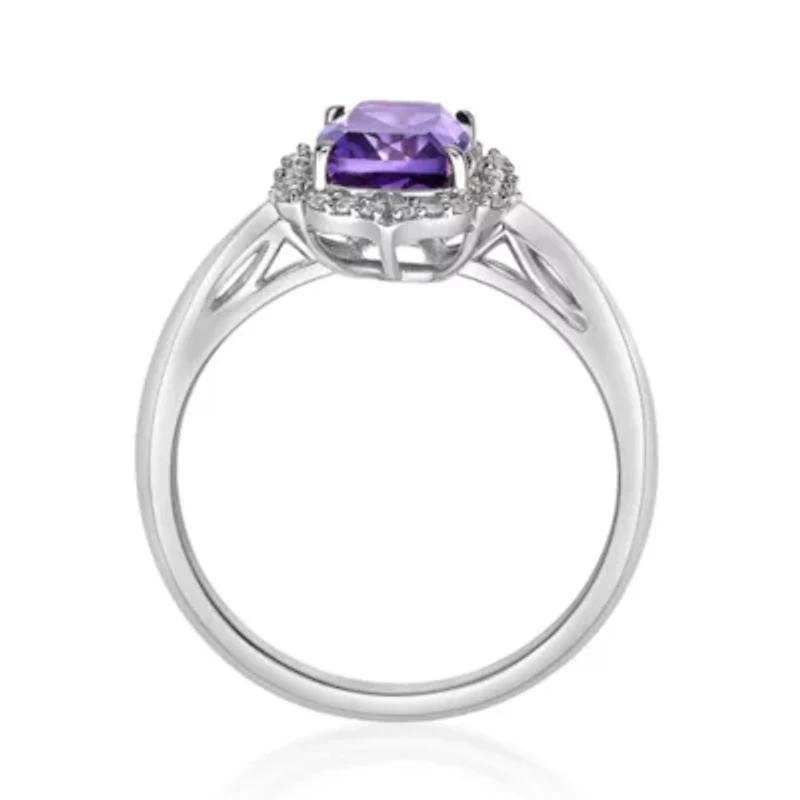 Lab Created Women's Cushion-Cut Amethyst Halo Ring Sterling Silver