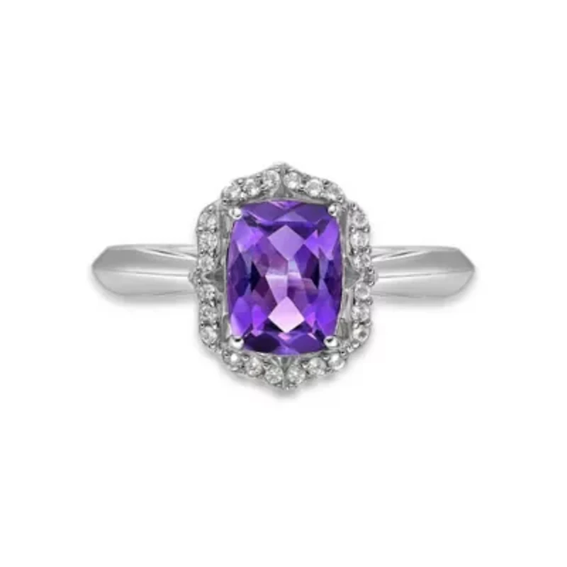 Lab Created Women's Cushion-Cut Amethyst Halo Ring Sterling Silver