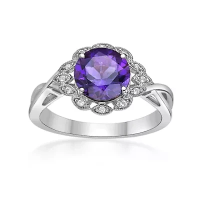 Women's Sterling Silver Round Amethyst Floral Halo Ring