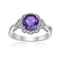 Women's Sterling Silver Round Amethyst Floral Halo Ring