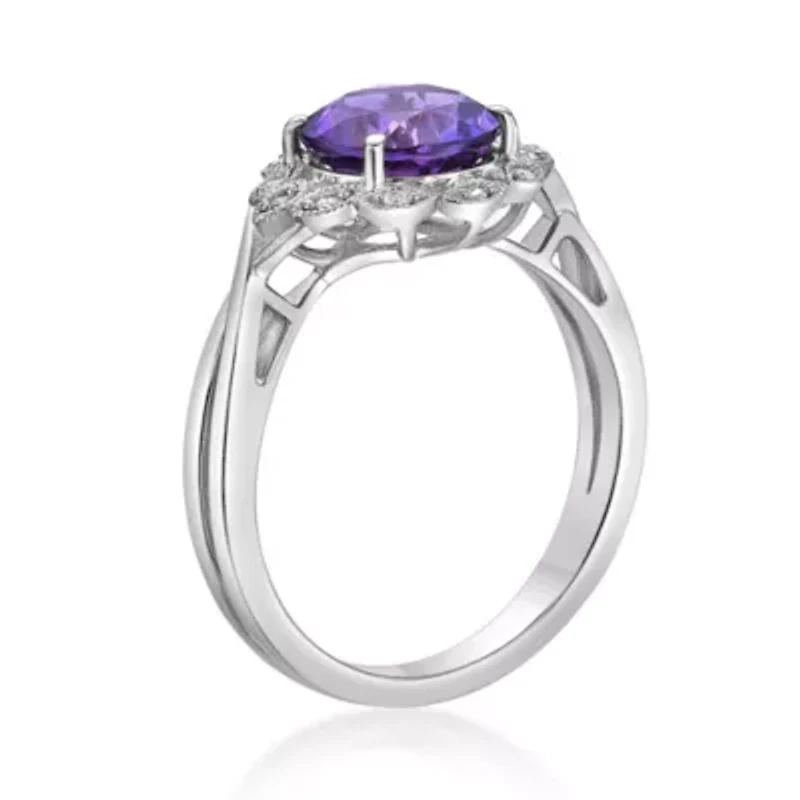Women's Sterling Silver Round Amethyst Floral Halo Ring