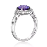 Women's Sterling Silver Round Amethyst Floral Halo Ring