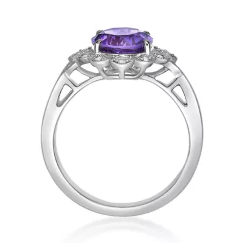 Women's Sterling Silver Round Amethyst Floral Halo Ring