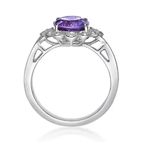 Women's Sterling Silver Round Amethyst Floral Halo Ring