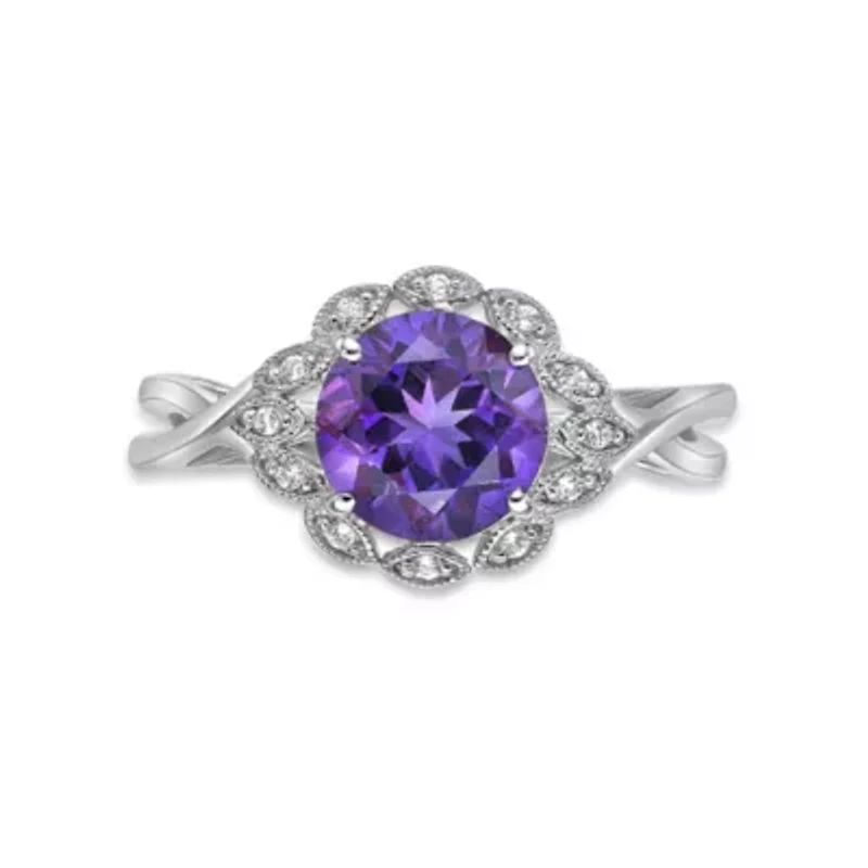 Women's Sterling Silver Round Amethyst Floral Halo Ring