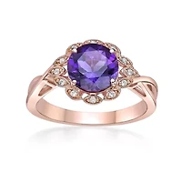 Women's Rose Gold Plated Sterling Silver Round Amethyst Floral Halo Ring