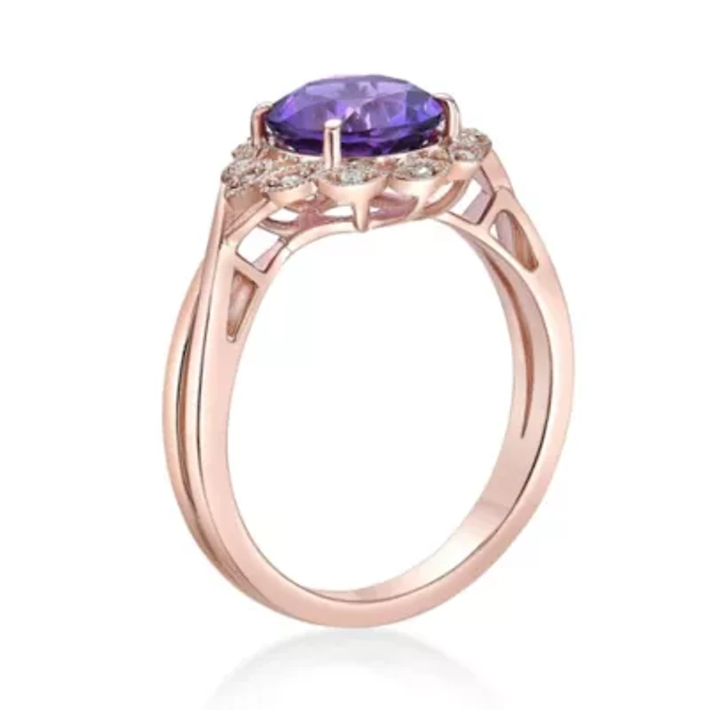 Women's Rose Gold Plated Sterling Silver Round Amethyst Floral Halo Ring