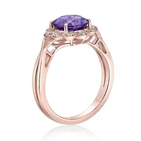 Women's Rose Gold Plated Sterling Silver Round Amethyst Floral Halo Ring