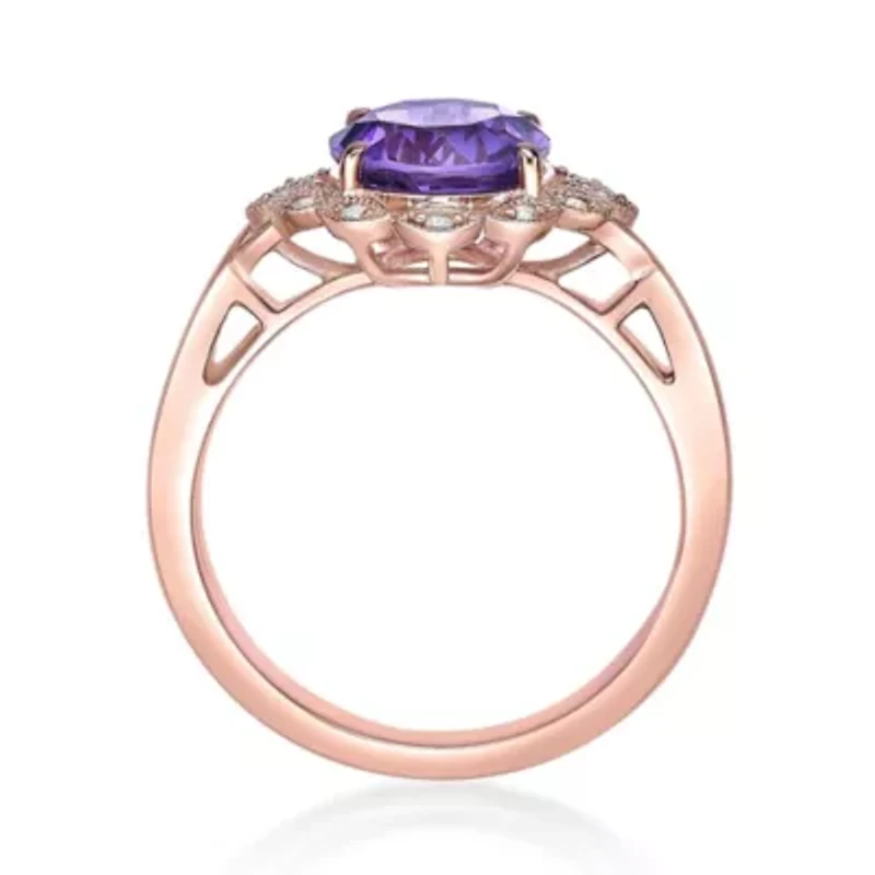 Women's Rose Gold Plated Sterling Silver Round Amethyst Floral Halo Ring