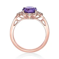 Women's Rose Gold Plated Sterling Silver Round Amethyst Floral Halo Ring