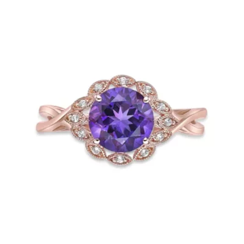 Women's Rose Gold Plated Sterling Silver Round Amethyst Floral Halo Ring