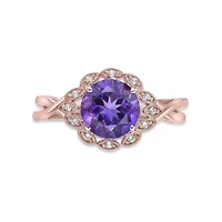 Women's Rose Gold Plated Sterling Silver Round Amethyst Floral Halo Ring